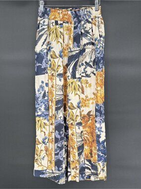 Christian Siriano Women Linen Blend Floral Wide-Leg Pants XS Blue Orange Cropped